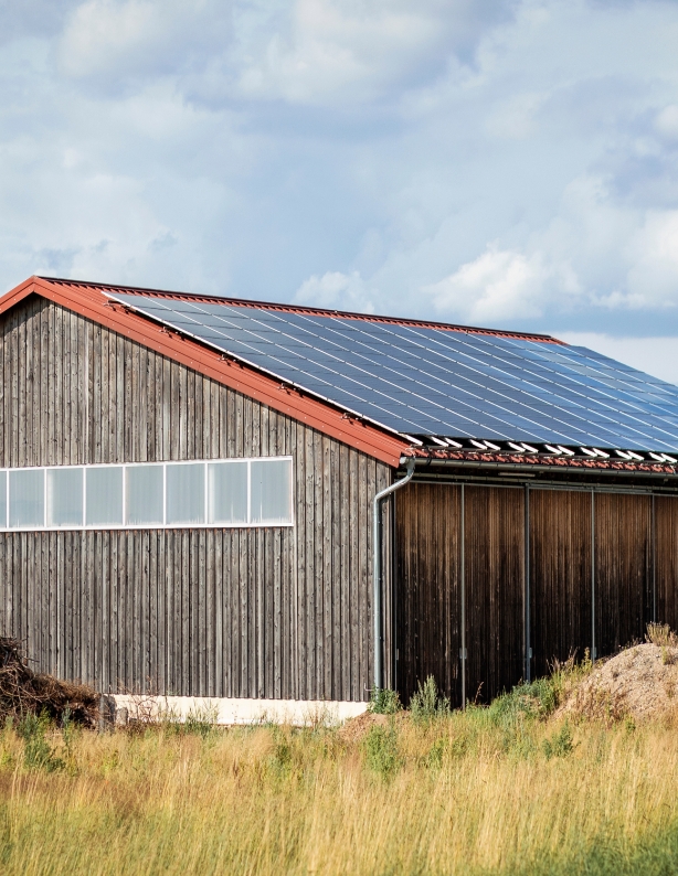Bâtiment en bois dont la toiture est couverte de panneaux solaires